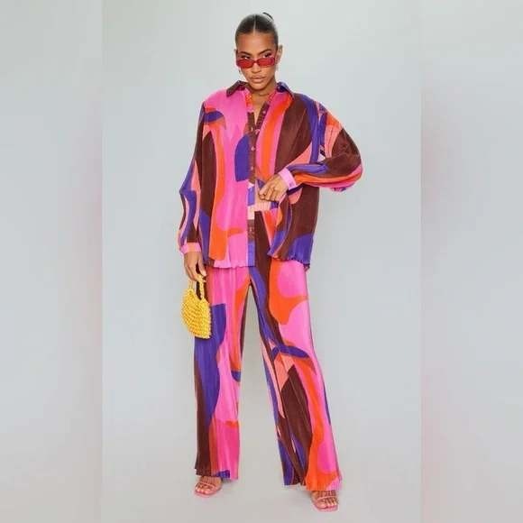 Pretty Little Thing Plisse High Waisted Wide Leg Trousers Pink Purple‎ Print 4 - Picture 4 of 11